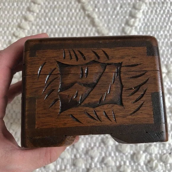 Antique Asian Scenes Hand Carved Ornamental Wood Box/Brass